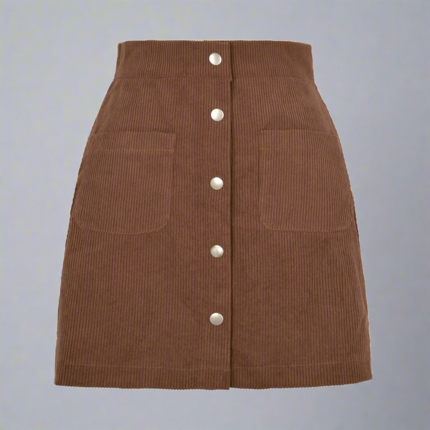 Woman wearing a High-Waist Corduroy Button-Up Skirt in a warm, earthy tone, featuring a front button-up closure and two front pockets.