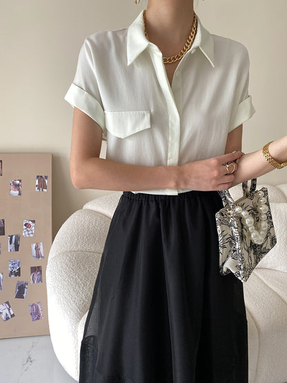 Rolled Short Sleeve Pocket Button Down Blouse