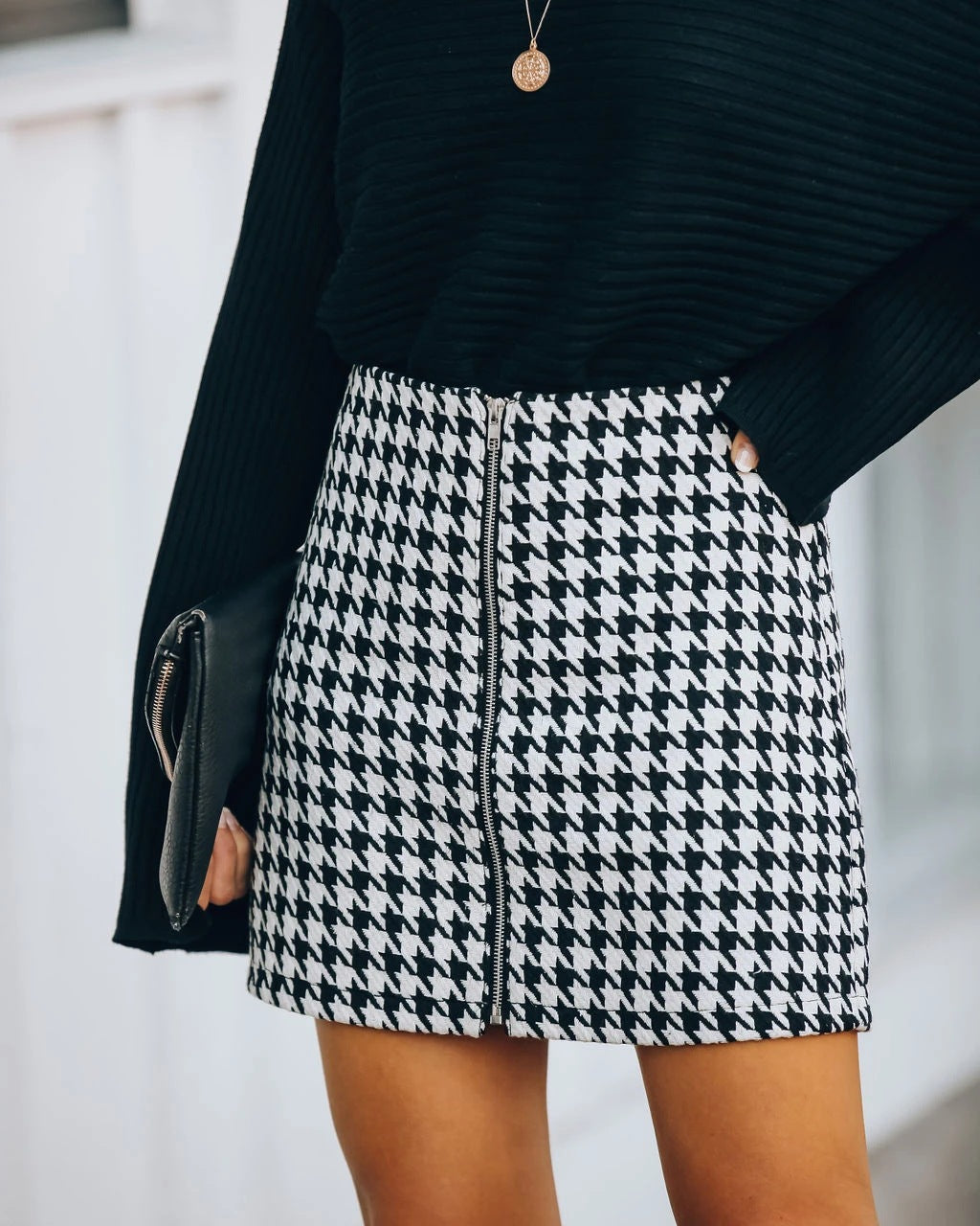 Houndstooth Zipper Skirt