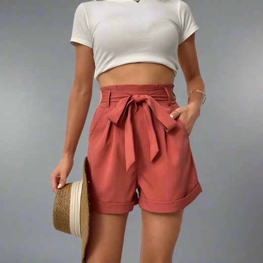 High-Waisted Belted Coral Travel Shorts for Women