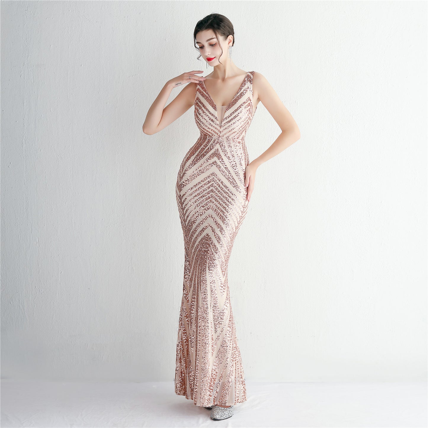 Sequin V-Neck Trumpet Gown