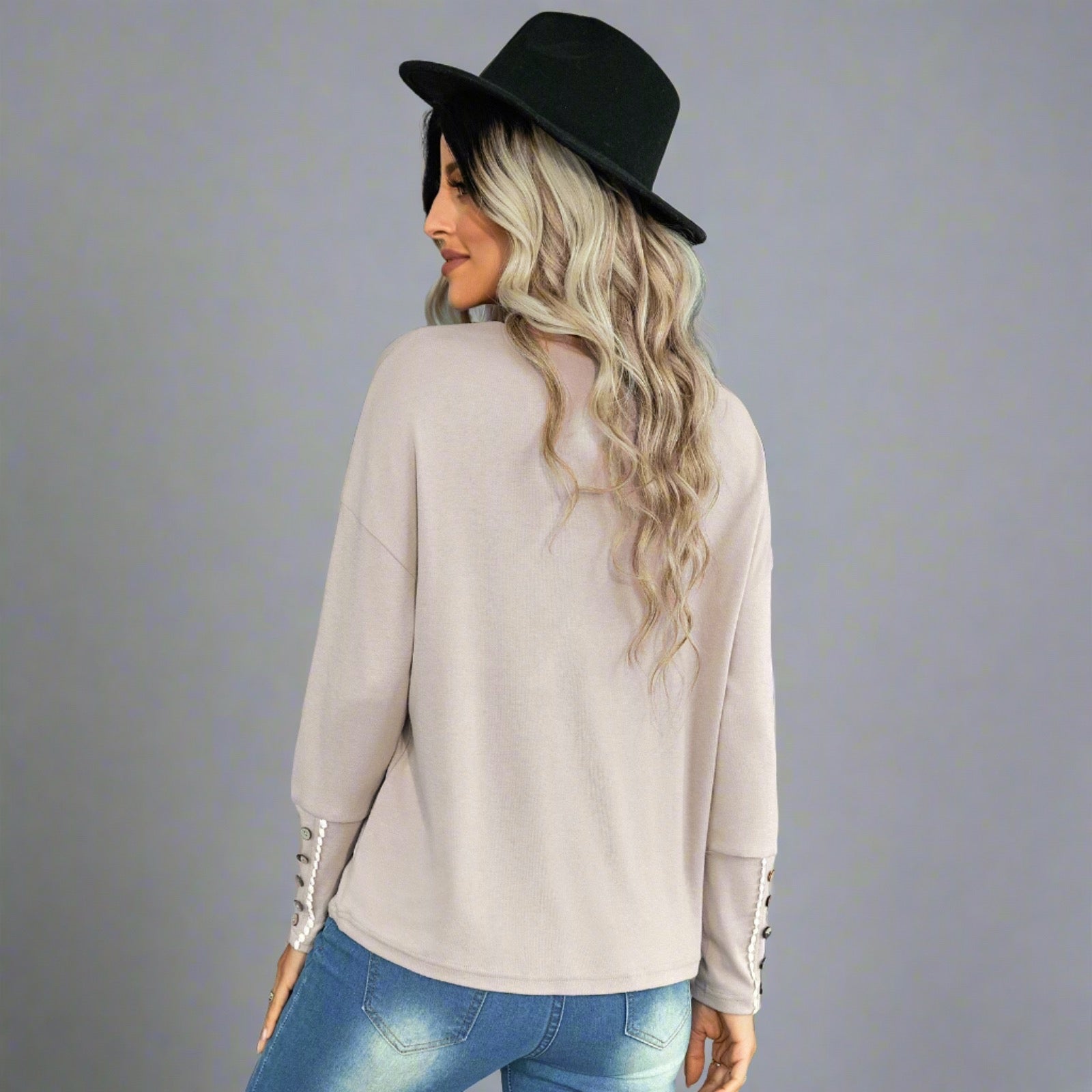 Casual Chic Button Sleeve Sweater - beige, relaxed fit, stylish button details on sleeves, perfect for casual outings, city explorations, and evening events.