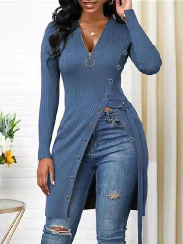 V-neck Long Sleeve High Slit Sweater