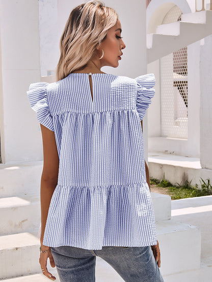 Ruffle Sleeve Round Neck Pleated Shirt