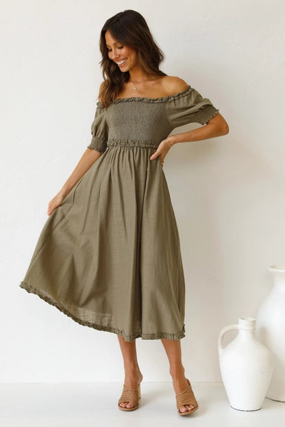 Off-Shoulder Smocked Midi Dress