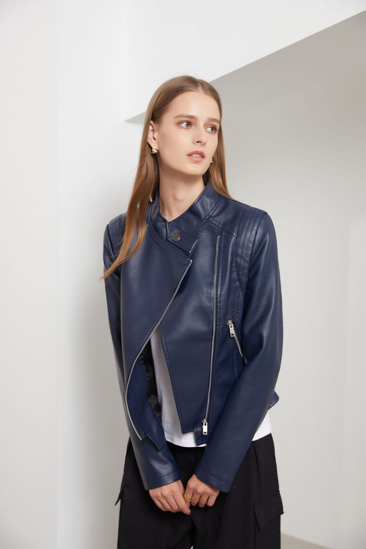 Faux Leather Button Collared Jacket