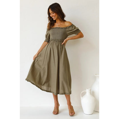 Off-Shoulder Smocked Midi Dress