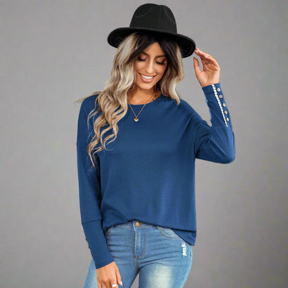 Casual Chic Button Sleeve Sweater - blue, relaxed fit, stylish button details on sleeves, perfect for casual outings, city explorations, and evening events.