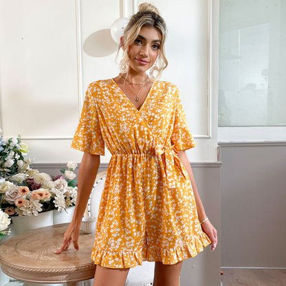 Floral V-Neck Ruffled Romper