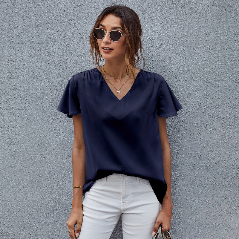 V neck Short Sleeve Pullover Blouse