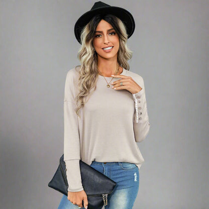 Casual Chic Button Sleeve Sweater - beige, relaxed fit, stylish button details on sleeves, perfect for casual outings, city explorations, and evening events.