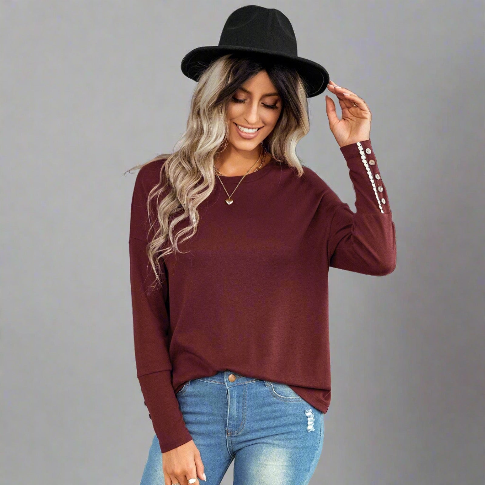 Casual Chic Button Sleeve Sweater - burgundy, relaxed fit, stylish button details on sleeves, perfect for casual outings, city explorations, and evening events.