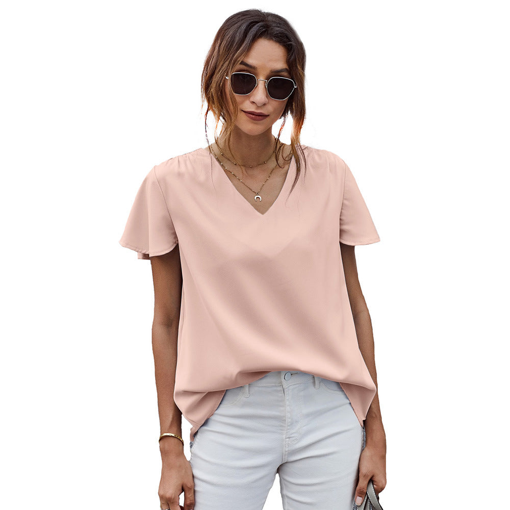 V neck Short Sleeve Pullover Blouse