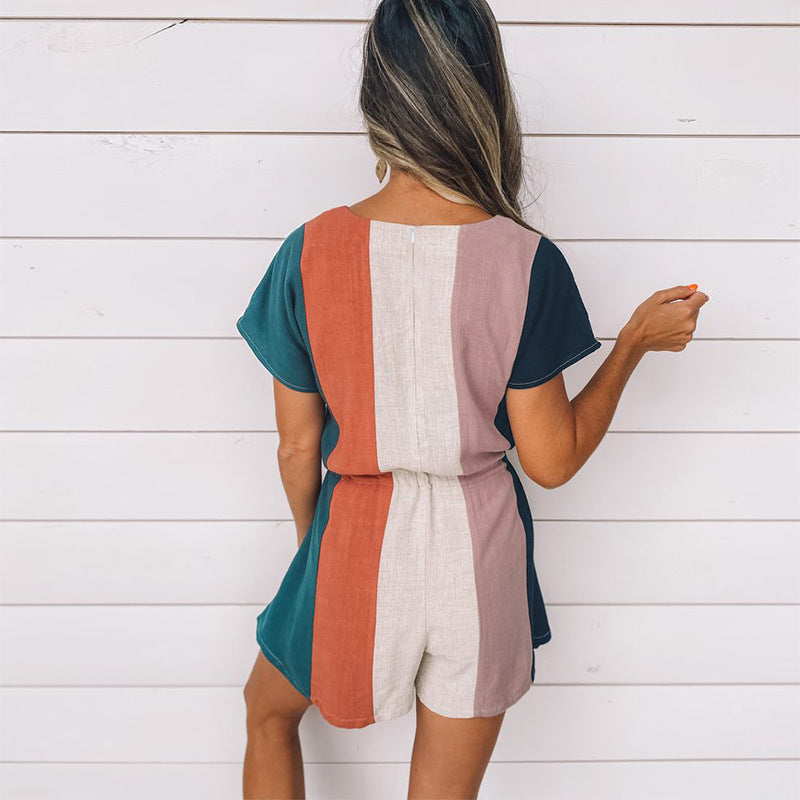 Loose V-neck Drawstring Striped Romper