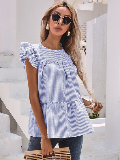 Ruffle Sleeve Round Neck Pleated Shirt