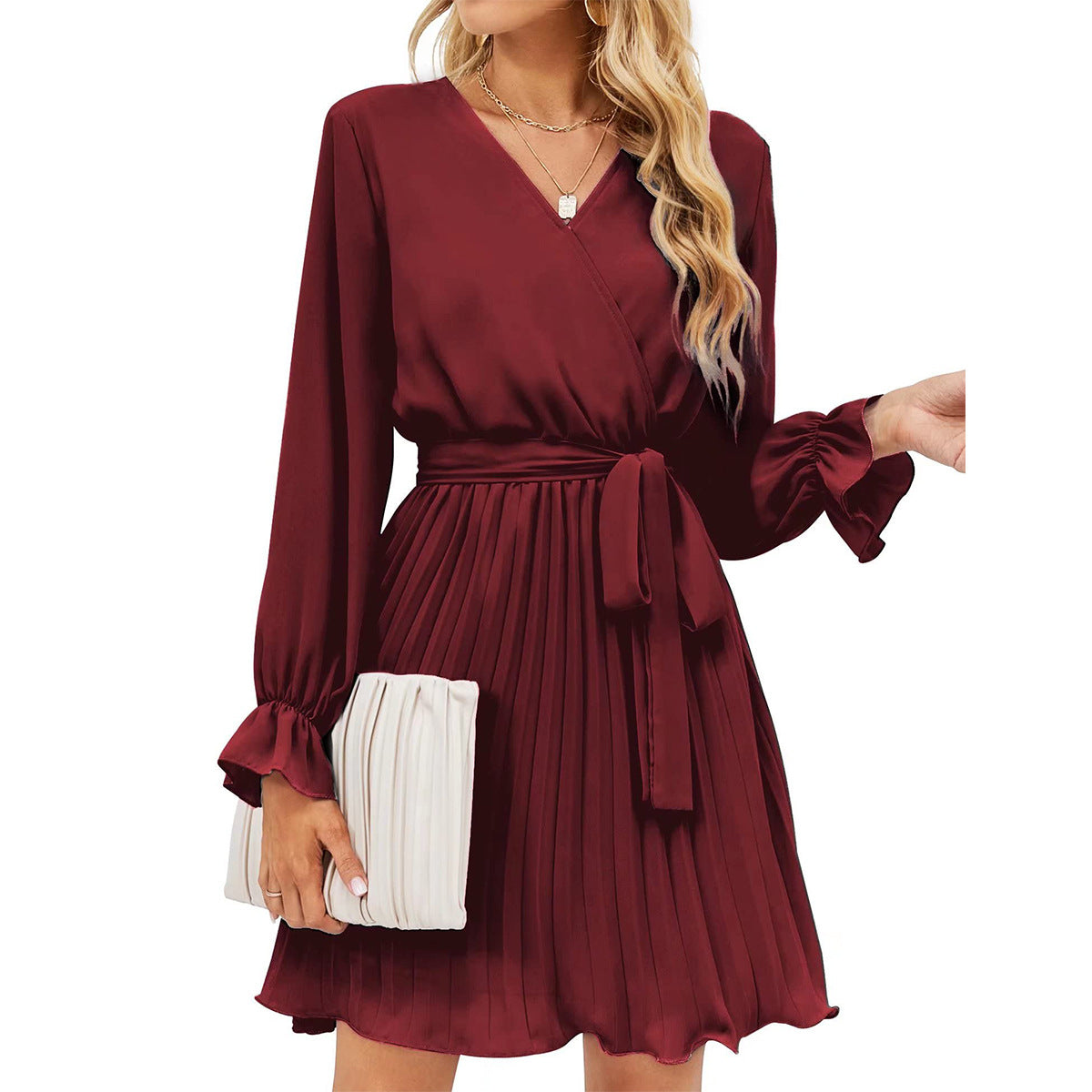 V neck Pleated Long Sleeve Mini Dress