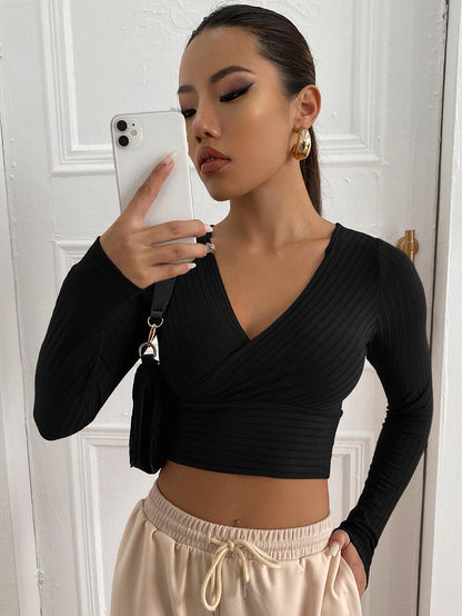 V-Neck Long Sleeve Crop Top