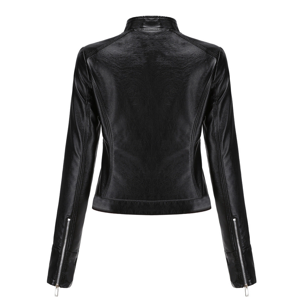 Stand Button Collar Faux Leather Jacket