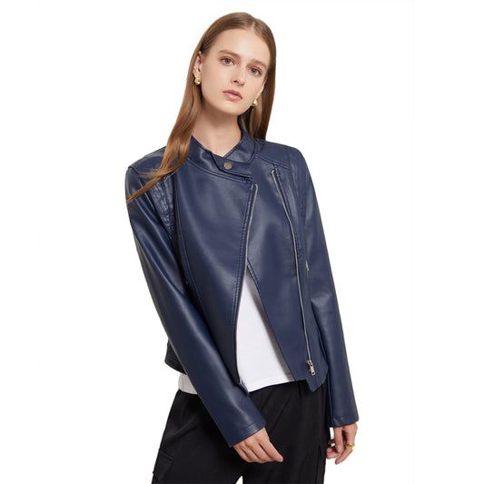 Faux Leather Button Collared Jacket