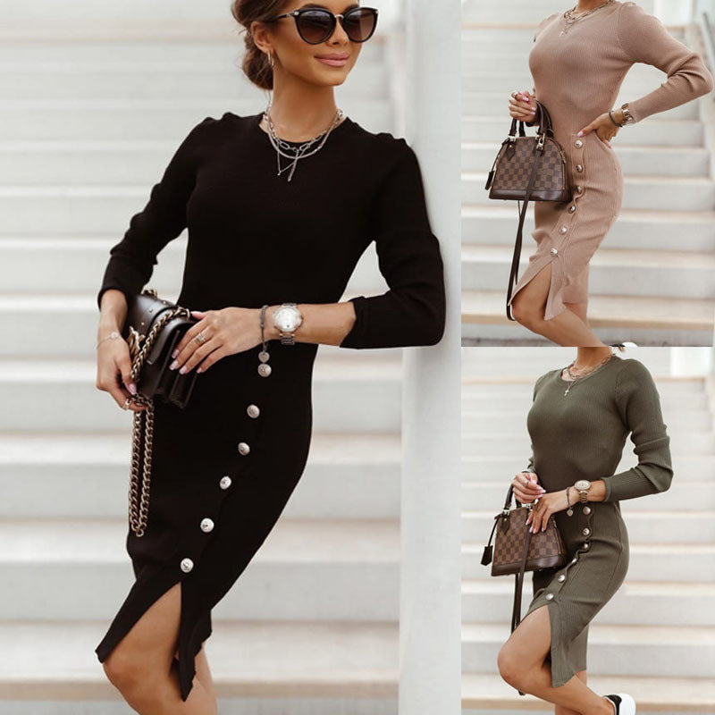 Long Sleeve Button Knitted Dress