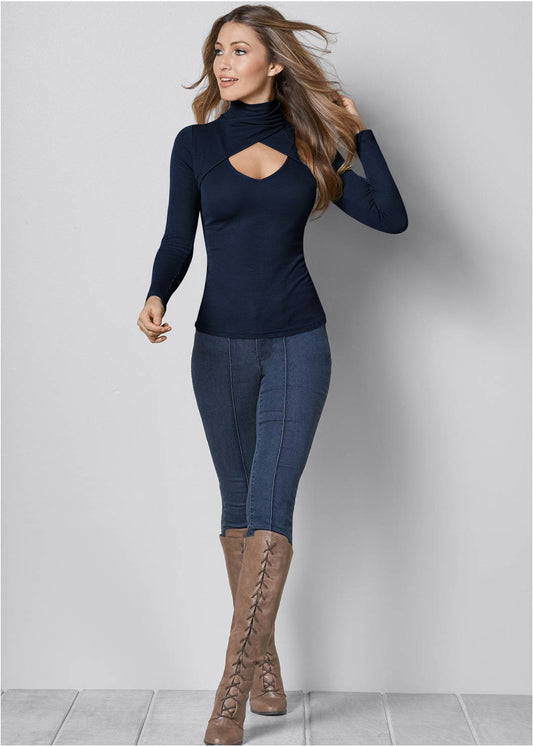 Cutout Turtleneck Long Sleeve Shirt