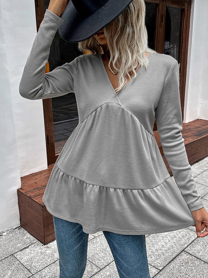 Waffle Knit Long Sleeve Babydoll Top