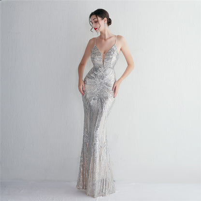 V-Neck Sequin Gown