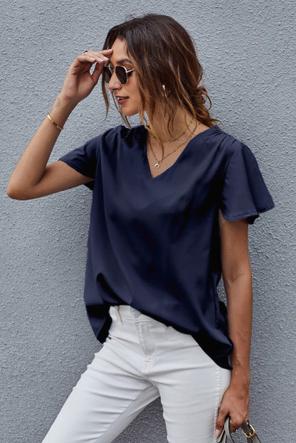 V neck Short Sleeve Pullover Blouse