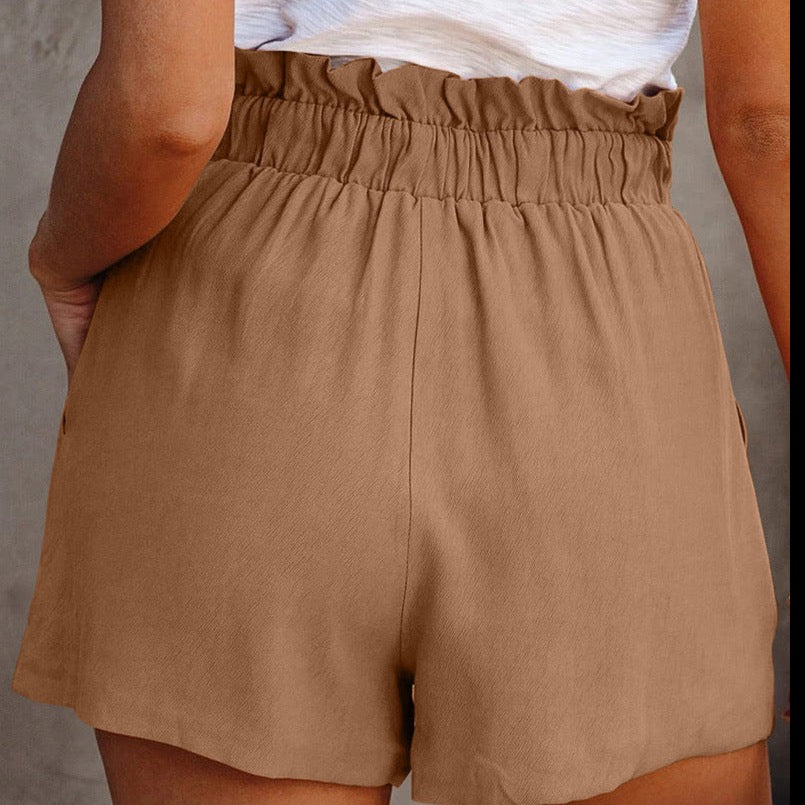 High-Waisted Tie-Belt Travel Shorts in khaki, purplish blue, blue, black, and army green for women