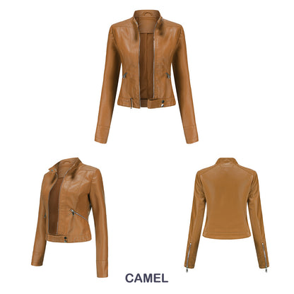 Stand Button Collar Faux Leather Jacket