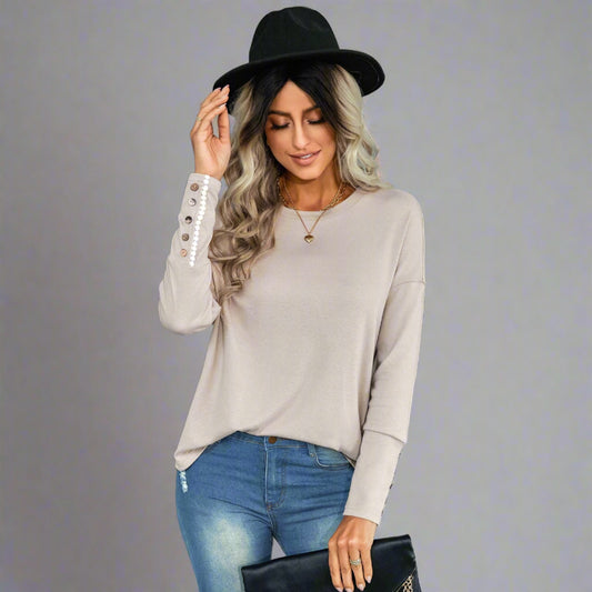 Casual Chic Button Sleeve Sweater - beige, relaxed fit, stylish button details on sleeves, perfect for casual outings, city explorations, and evening events.