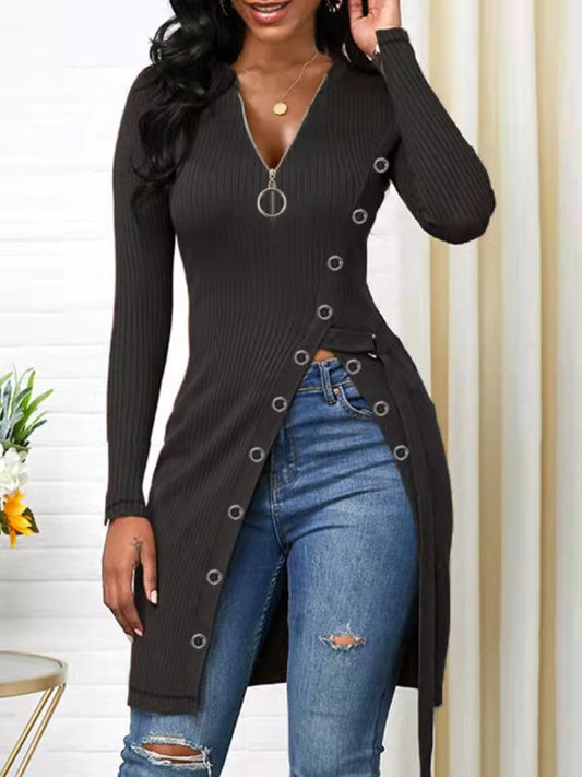 V-neck Long Sleeve High Slit Sweater