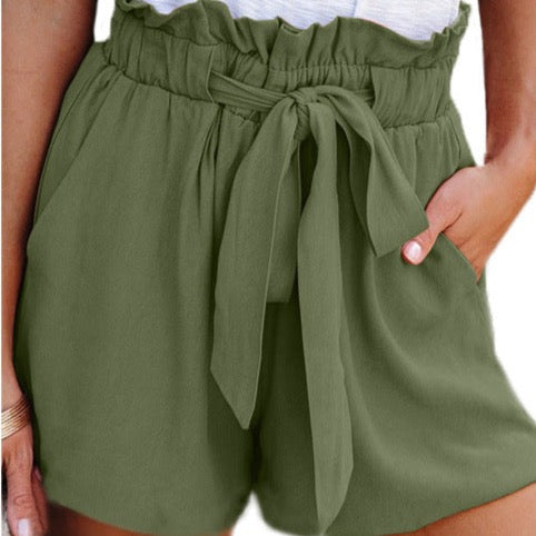 High-Waisted Tie-Belt Travel Shorts in khaki, purplish blue, blue, black, and army green for women