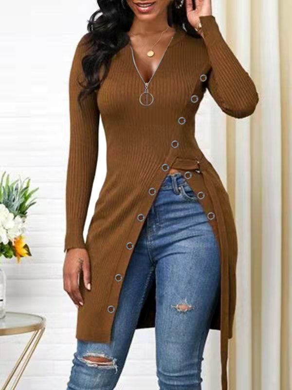 V-neck Long Sleeve High Slit Sweater