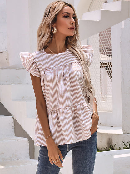 Ruffle Sleeve Round Neck Pleated Shirt