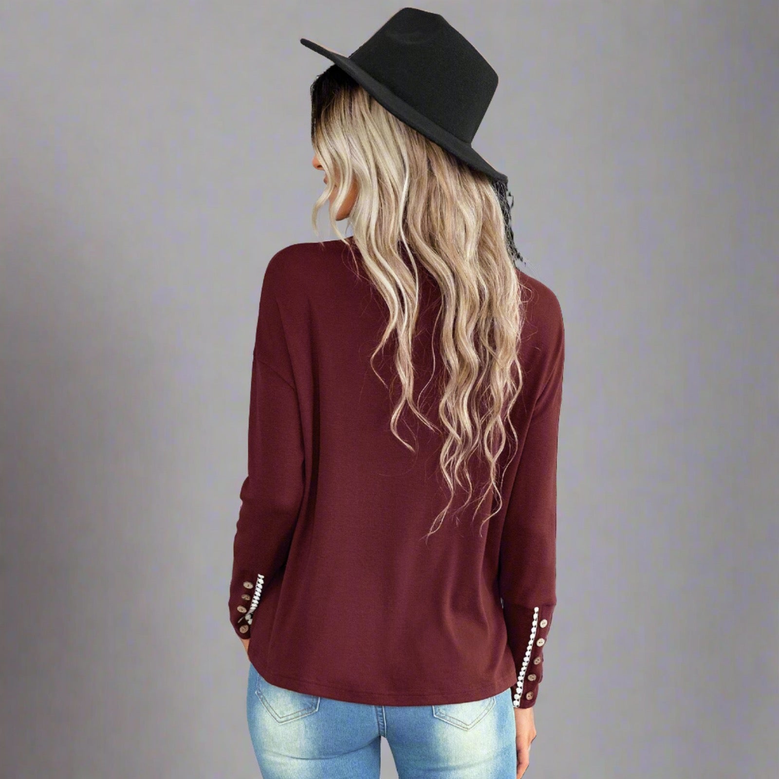 Casual Chic Button Sleeve Sweater - burgundy, relaxed fit, stylish button details on sleeves, perfect for casual outings, city explorations, and evening events.