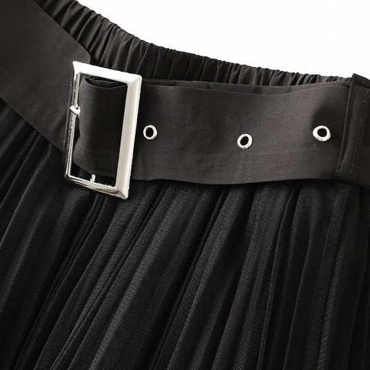 Black Pleated A- Line Midi Skirt