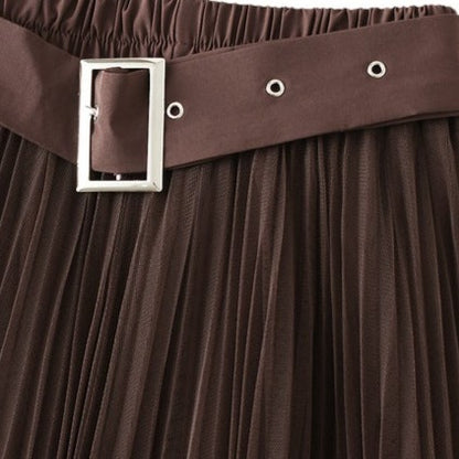 Brown Pleated A- Line Midi Skirt