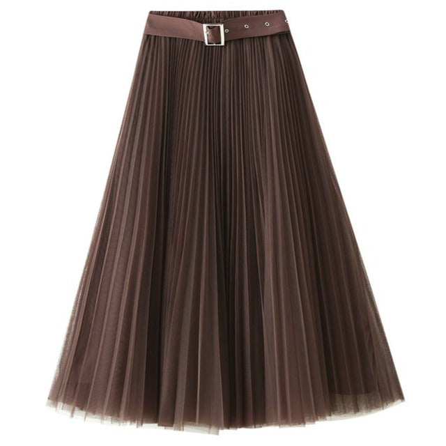 Brown Pleated A- Line Midi Skirt