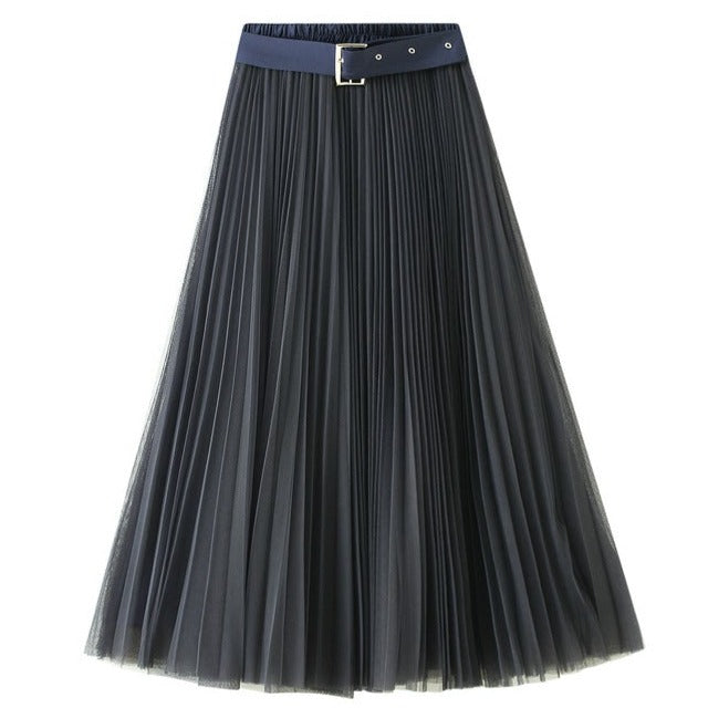 Navy Pleated A- Line Midi Skirt