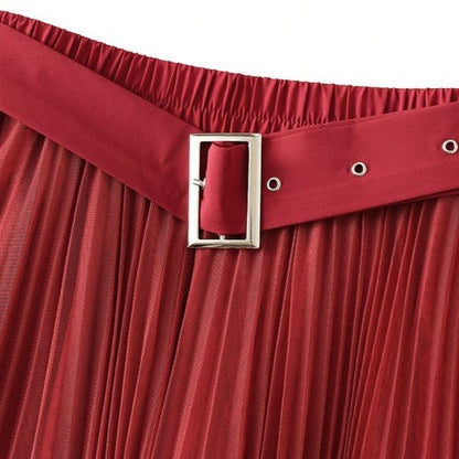 Red Pleated A- Line Midi Skirt