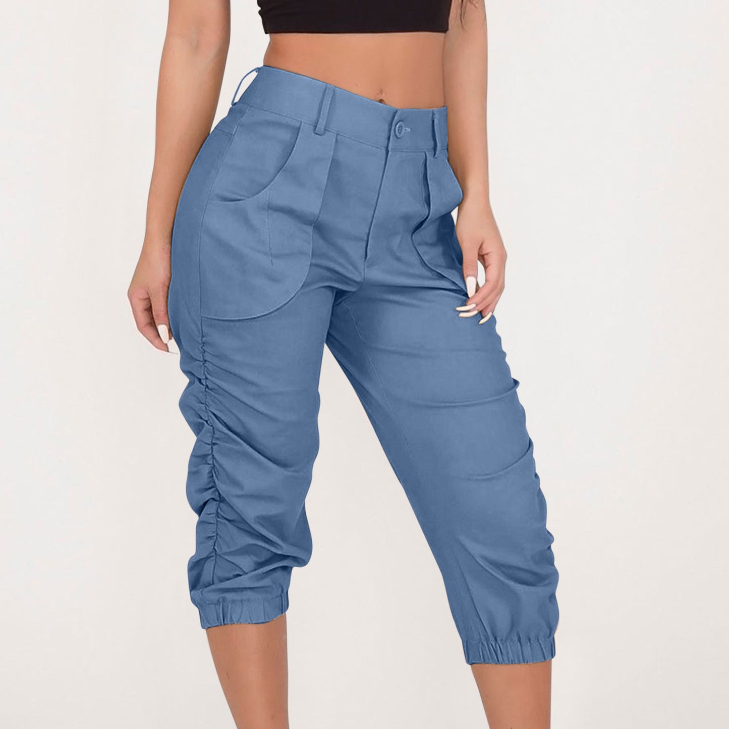 blue Ruched Capri Pants