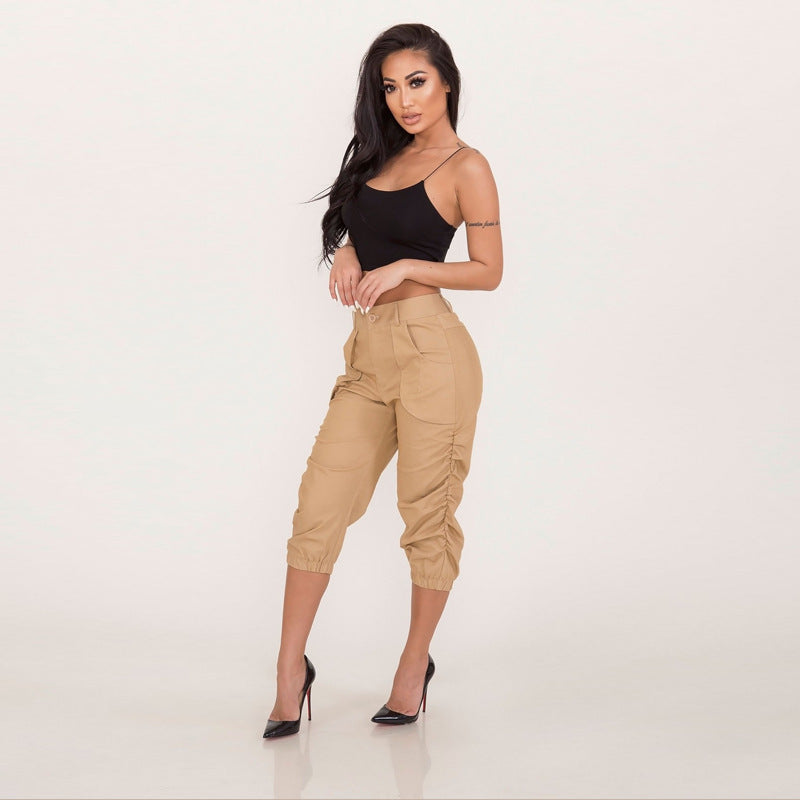 khaki Ruched Capri Pants