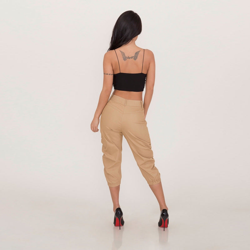 khaki Ruched Capri Pants