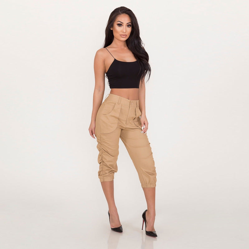 khaki Ruched Capri Pants